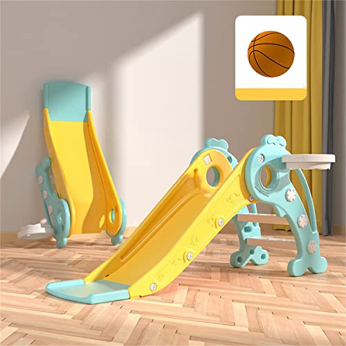 3-in-1-Kleinkindrutsche, zusammenklappbare Kinderrutsche, freistehende Spielrutsche mit extra Langer Rutschbahn, Basketballkorb und Ball für Jungen und Mädchen,Gelb