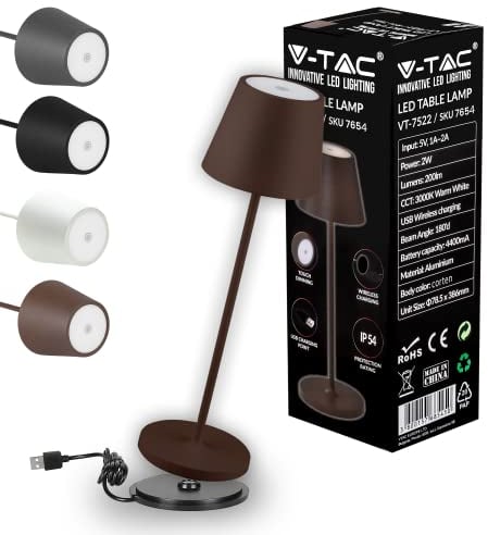 V-TAC Dimmbare LED Tischlampe Kabellos mit Touch-Bedienung - Wiederaufladbar Braun Lampe für den Innen und Draußen - Außenbereich IP54 - Hause Restaurant - 4400-mAh-Akku - Warmweiß 3000K