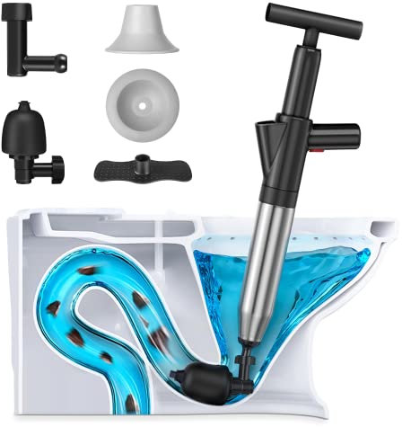 Hohong Toilet Plunger, Air Plunger, High Pressure Plunger Kit Powerful Drain Blaster Bathroom with 4 Replaceable Heads for Sink Toilet Floor Drain and Pipe Clog - Black