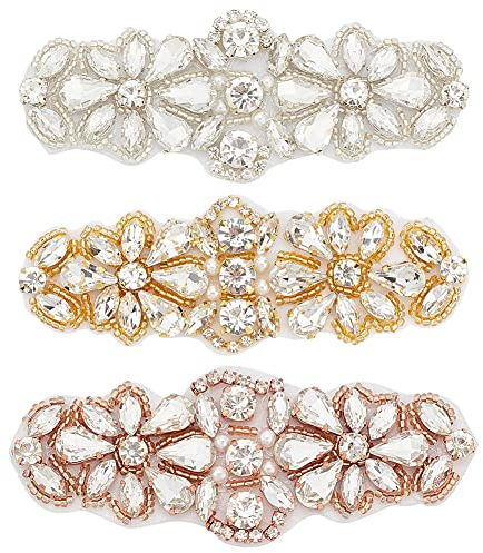 FINGERINSPIRE 3 Stück Strass Applikationen Mit Perlen 100x36 mm Zum Aufbügeln Hotfix Applikationen Glaskristallperlen Strass Applikationen Blumenmuster Zum Aufnähen Abziehbilder Für Brautkleid