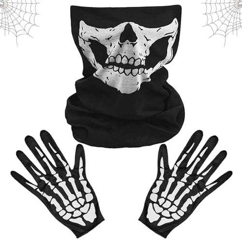 Skelett Maske Handschuhe, Skeleton Gloves Gesichtsmaske, Halloween Totenkopf Maske, Skull Mask Skeletthandschuhe, Full Face Skeleton Skull Ghost mit Skeleton Handschuhe für Cosplay Kostüm Karneval
