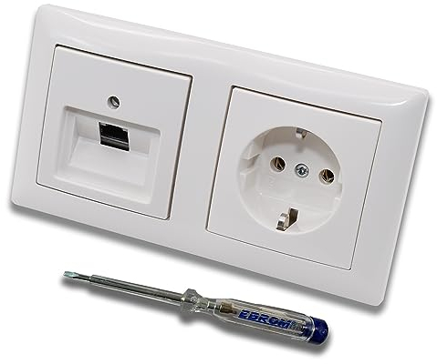 Busch Jäger, Rutenbeck Unterputz Netzwerkdose 10 Gigabit/S (10GbE) KAT6A 6A 1 x RJ45 Anschluss + Steckdose 20EUC-914 im BJ BalanceSi alpinweiß Design + EBROM Phasenprüfer z. Montage d. Geräte