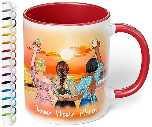 True Statements Keramik-Tasse für beste Freundinnen „Drei Freundinnen am Strand“ – 330ml Kaffeetasse personalisiert mit Namen & Aussehen - BFF best friends - Geschenke Geburtstag Weihnachten (Rot)