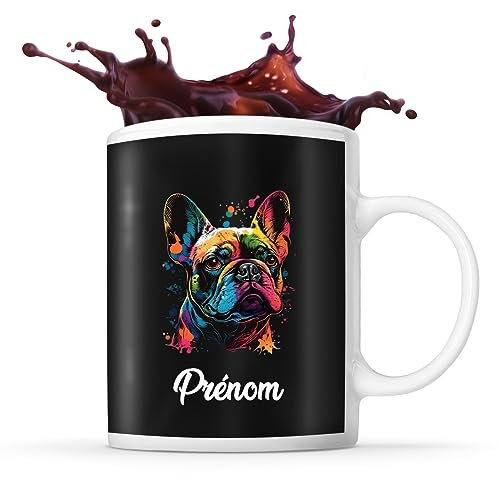 Tasse Bouledogue Français Style Pop Prénom Nom Personnalisable | Mug Café Thé Idée Cadeau Personnalisé Homme Femme Original pour propriétaire de chien