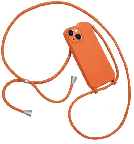 Emlivi Handykette Hülle für iPhone 15, Necklace Handyhülle mit Kordel zum Umhängen Schutzhülle, Weich Schultergurt Silikonhülle,TPU Cover mit Stylische Band, Kette Case für iPhone 15, Orange