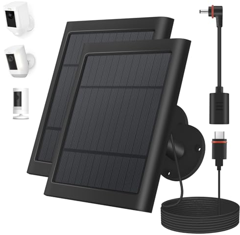 Paodekua 2 Pack 4W Solar Charger for Ring Spotlight & Stick Up Outdoor Cam, Black, High Efficiency, 10FT/3M Long Cable with USB-C to Ring Barrel Plug Adapter