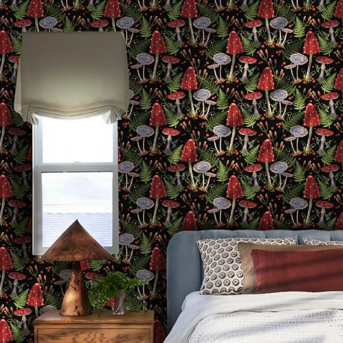 funlife Black Wallpaper Vintage Pattern Wall Mural Self Adhesive Furniture Sticker Art Deco Vinyl Embroidery Mushrooms Gothic Fairy Tale Wall Sticker 38.6cm x 100.6cm