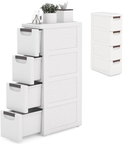 KOMFOTTEU Carrellino Stretto con Ruote, Cassettiera 4 Cassetti Slim, Carrello Portaoggetti a Rotelle, Mobiletto Bagno Salvaspazio per Cucina, Soggiorno, Camera da Letto, 42 x 19 x 74 cm, Bianco