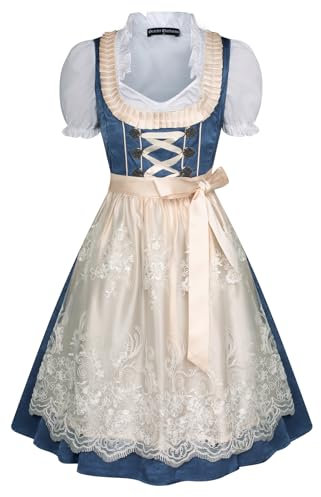 SCARLET DARKNESS Women's 3-piece Dirndl Midi Dress Oktoberfest Costume with Lace Apron L Dark Blue and White Lace