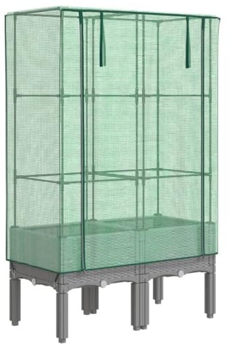 vidaXL Raised Garden Bed with Greenhouse Cover - Light Grey, Polypropylene Frame with Iron Tubes, Water- Polyethylene Cover – For Plants, Vegetables, Herbs and Flowers, 80 x 40 x 140 cm