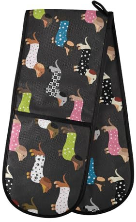 Double Oven Gloves Heat Resistant Cute Dachshund Dog Double Oven Mitts Pot Holder Heat Protection Oven Gloves for Home Kitchen Baking Cooking BBQ Microwave