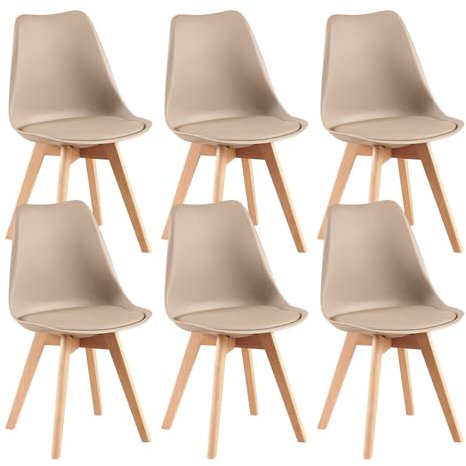 EGGREE 6er-Set Skandinavischer Esszimmerstuhl SGS Tested, Gepolsterter Küchenstuhl, Retro-Bürostuhl mit massiven Buchenholzbeinen, Helles Khaki