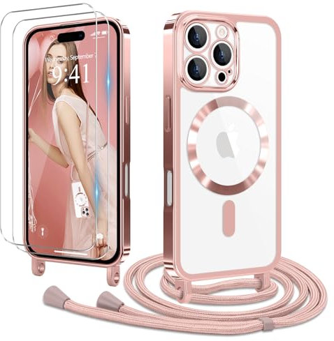 Ethanger Handyband für iPhone 16 Pro Max Hülle mit Band + 2 Stück Glas Schutzfolie Transparent Silikon Handyhülle Magnetische Schutzhülle Case zum Umhängen Kordel für iPhone 16 Pro Max Rosa