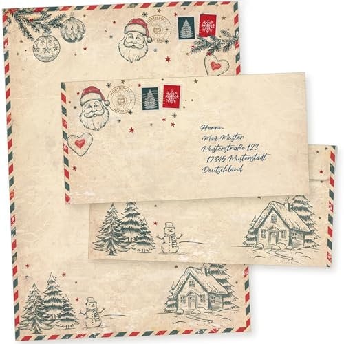 North Pole Air Mail 25 Sets Weihnachtsbriefpapier mit Umschlag ohne Fenster Weihnachtspapier A4 Briefpapier Weihnachten