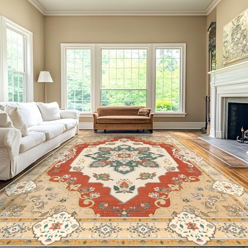 Luogort Rot Teppich Wohnzimmer 200x300cm, Waschbarer Vintage Teppich Kurzflor Teppiche mit Rutschfester Rückseite – Weich, Kindersicher & Pflegeleicht für Büro Esszimmer Kinderzimmer
