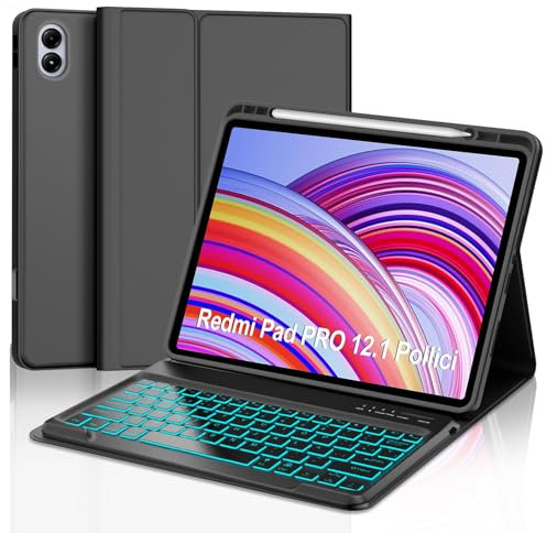 WAVATA Funda Teclado para Redmi Pad Pro 12.1 Pulgadas/Xiaomi Poco Pad 12.1'' - Español Ñ Teclado Inalámbrico Bluetooth para Redmi Pad Pro 12.1'', Retroiluminado, Negro