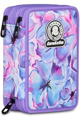 Invicta Astuccio Scuola 3 Zip Fantasy, Lilla, Portapenne Triplo Scomparto Completo Di Penne, Matite, Colori, Accessori Zaino, Scuola Elementare, Bambina