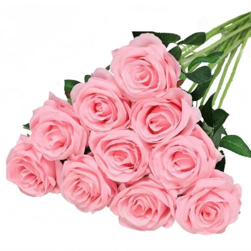 10 Pcs Artificial Roses, Pink Fake Roses Artificial Flowers, with Stems Fake Artificials Pink Rose Silk Flowers, for Home Garden Party Hotel Office Decor