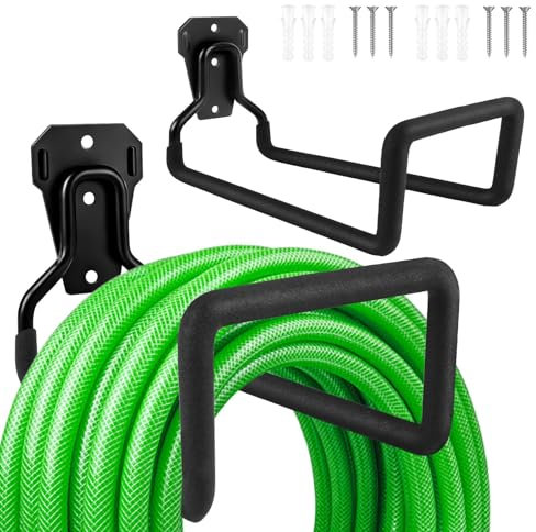 Muyohix 2 Piezas Soporte Manguera Jardin, Soporte para Manguera de Jardín de Montaje en Pared, Soporte Manguera Pared de Agua de Acero, Colgador de Manguera Resistente para Almacenamiento Exterior