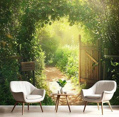 JEDTAKCT Papier Peint Panoramique Jardin Ensoleillé, 350X256Cm (Lxh), Tapisserie Poster Geant Mural Vert Émeraude, Personnalisé 3D Pour Salon Chambre D'Enfants Décoration Murale Forêt Naturelle