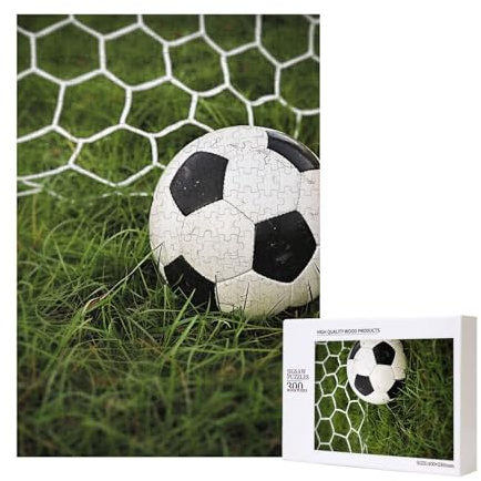 Green grass soccer Printed Jigsaw Puzzle with Storage Box, Wooden Puzzle for Adults and Kids, 300 Pieces Family Fun Decorative Game