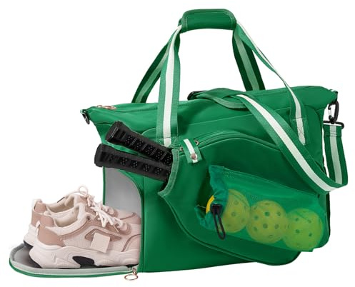 35L Pickleball Tote Bag with Shoe Compartment, Foldable Travel Duffel Bag for Women Mens, Pickleball Paddles Holder, 3 in 1 Versatile Travelling Sport Gym Hospital Holdall (Mirror Green, 35L)