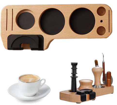 MOMAHUA Tamperstation für Baristas, 51/53/58mm Tamping Station, Kaffeestampfbasis aus Holz Buche, Ständer für Siebträger Kaffeestampfer Kaffeeverteiler Kaffeebürste Pucksiebe Tamper Caffee Leveler