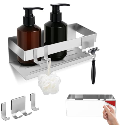 Duschablage ohne Bohren – Badregal 23 x 10 x 8 cm mit 2 Haken und Rasiererhalter, 2 Montagemöglichkeiten, Edelstahlablage für Küche, Bad und Waschbecken, Silber