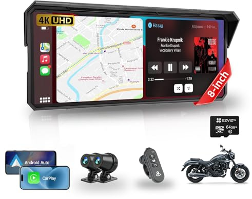 8.1 Inch Motorcycle CarPlay Screen Android Auto – Largest Waterproof GPS Navigation System Pantalla para Moto, Carplay for Motorcycle with Dual 4K Dash Cam Bluetooth Audio TF-64G