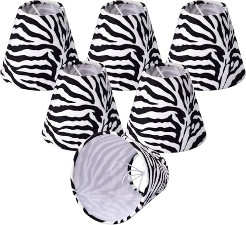 6er Set Clip-Lampenschirme klein in Empire-Form aus Stoff (8×15×13 cm) für E14 Kerzenlampen, Zebra Muster Design, geeignet für Kronleuchter, Wandleuchten & Tischlampen