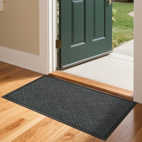 Bonnlo Front Door Mat, Non-Slip Backing Entry Mat Low Profile Doormat, Stain and Fade Resistant, Absorbent Muddy Dirt Resist Welcome Floor Mats for Indoor Outdoor Entrance Porch - 90x60 CM, Grey