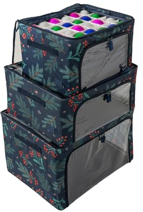 Periea 'Eve' Set of 3 Christmas decoration storage boxes in large, medium, small with 2 bauble trays for 72 bauble ornaments. Collapsible stackable Fabric storage Boxes with Steel frames
