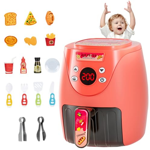 Porgeel Friteuse à air Jouet avec 15 Accessoires Machine à Biscuits Jouet avec Musique et lumières Aliments Couleurs changeantes Cuisine pour Enfants de 3 Ans et Plus ensemb