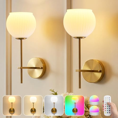 2 Stück Wandleuchte Innen Akku mit Fernbedienung & Timer, Magnetische Glühbirne, 12 RGB & 3 Farbtemperaturen Dimmbar, Gold Wandlampe ohne Strom, Glasschirm, Kabellos für Schlafzimmer Wohnzimmer Flur