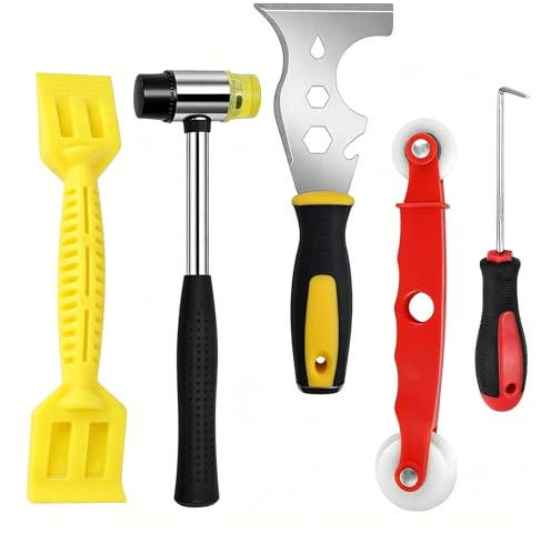 5 Pcs Window Glazing Tool Kit, Glazing Tools with Multi-Functions Rubber Hammer, 13-in-1 Knife Chisel, Red Window Roller, Rubber Strip Shovel and Pick Hook, Hand Tool Sets for Window Door Screen