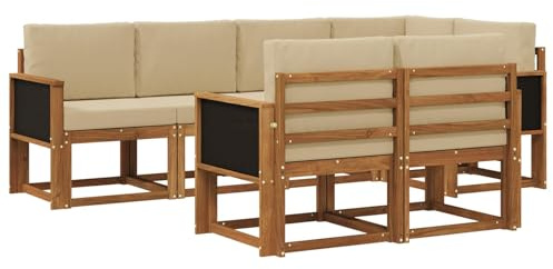 vidaXL Outdoor-Sofagarnitur mit Kissen 7 pcs Natur und Beige Polyester, Stylisches Outdoor-Sofa-Set, Moderne Gartenmöbel, wetterfestes Akazienholz, modulares Sitzen für Terrasse und Lounge