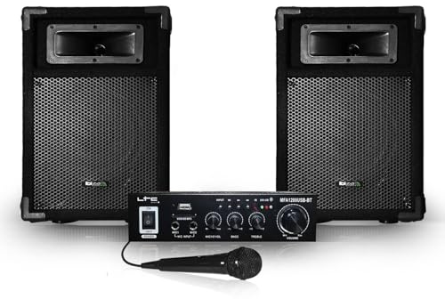2 Passive PA Speakers 8 Inches/20 cm 2 x 180 W 2 Way + HiFi Karaoke Amplifier 100W USB/BT+MIC Black