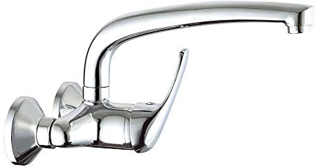 Kibath Grifo monomando de cocina fregadero BAT de pared con caño largo giratorio, Fabricado en latón con acabados en cromo brillo, Distancia entre las tomas de 11 cm, Repuestos garantizados