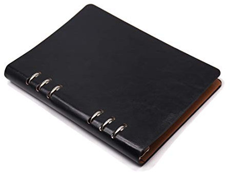 JINBOSHI A5 Notebook 6 Holes PU Leather Cover diary, Loose Pocket Leather Refillable diary Binder Rings Journal Hard Cover Diary Bussiness (black)