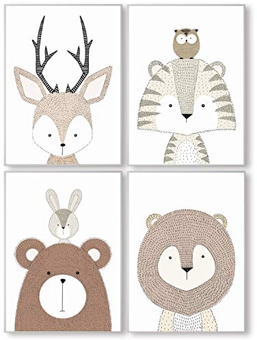Pandawal Bilder Kinderzimmer Babyzimmer Waldtiere Deko grau Poster Set 4er Tiere für Kinder Junge I Mädchen DIN A4 (S7)