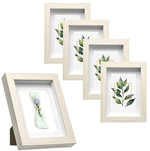 EUGAD 5er Set Bilderrahmen Fotogalerie, tiefer Rahmen für Objekte bis 1,5 cm, Holzrahmen mit Papier-Passepartout, mit Glasscheibe, 3D Objektrahmen, Eiche, 13x18cm
