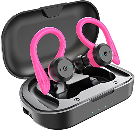 APEKX Cuffie Sportive Wireless, IPX7, Impermeabili, Suono Stereo, Microfono Integrato, con Custodia Magnetica Portatile per IOS, Andriod (Rosa)