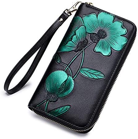 FORRICA Portafoglio Donna Pelle Lungo Portafogli Grande Capacità Bloccaggio RFID Portamonete Chiusura con Cerniera Leggerezza Portafoglio Verde