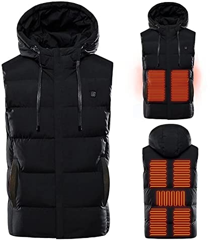 Shuanghao Women's-Mens Electric-Heated Body-Warmer Gilet - Heating With Hood Vest Jackets Men/Women Ladies USB Connection 5V Charging/Power Bank,7 Heat Pad,3 Temperature Adjustable,Washable Black L