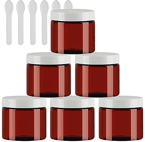 TIANZD 6 Pieces Empty 50ml Brown Plastic Cosmetic Jars with White Screw Lid 50g Small Pot for Cosmetic Travel Homemade Cream Gel Lip Balm Salve Storage Containers+ 6X Spatula