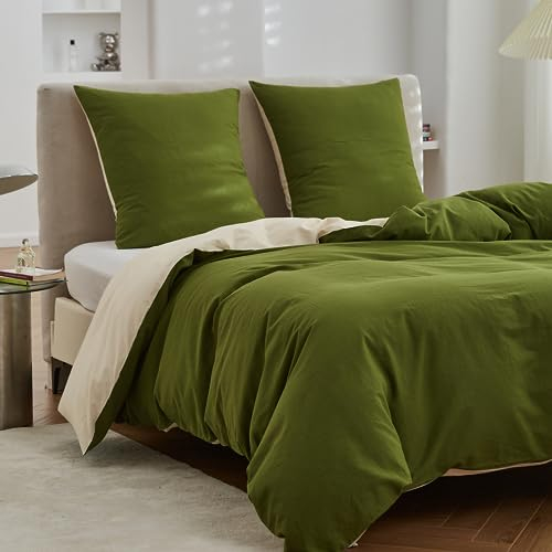 Simple&Opulence Bettwäsche 155x220 Leinen und Baumwolle, Bettwäsche-Sets Waldgrün Beige 3 Teilig mit Reißverschluss, 1 Bettbezug 155x220 und 2 Kissenbezug 80x80