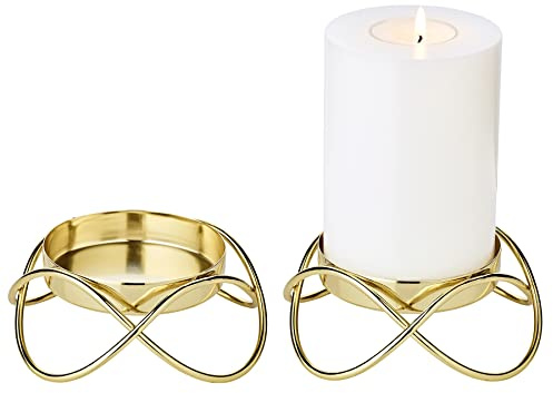 EDZARD Kerzenhalter Bastia Gold 2er-Set (Ø 13 cm, H 4,5 cm), Edelstahl | Kerzenständer für Stumpenkerzen Ø 8 cm · flacher Kerzenständer, rund · Kerzenleuchter in Gold-Optik, 2er-Set