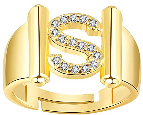 JewelryWe Schmuck Damen-Ring Buchstabe Ring Verstellbare Initiale Alphabet S Band Ringe mit Zirkonia Gravur Geschenk für Frauen Mädchen Gold