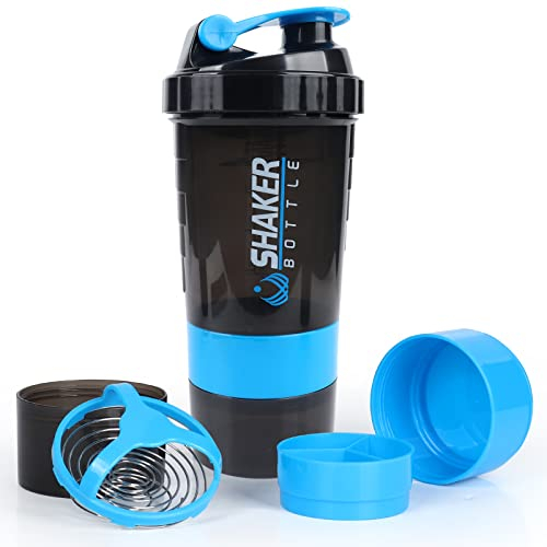 XSUPER Protein Shaker with 3-Compartment Storage - 16oz Twist-Off Cup for Supplements & Pills, Leak Proof Gym Sports Shaker Bottle, Blue