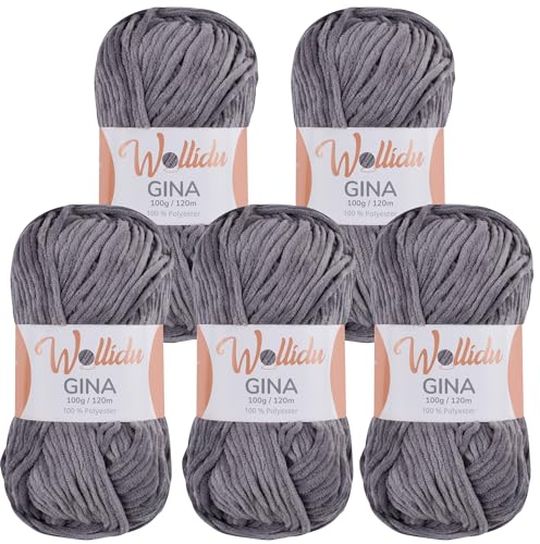 Wollidu Gina Chenille Garn zum Stricken und Häkeln 5 x 100g/120m Set 100% Polyester - Grau